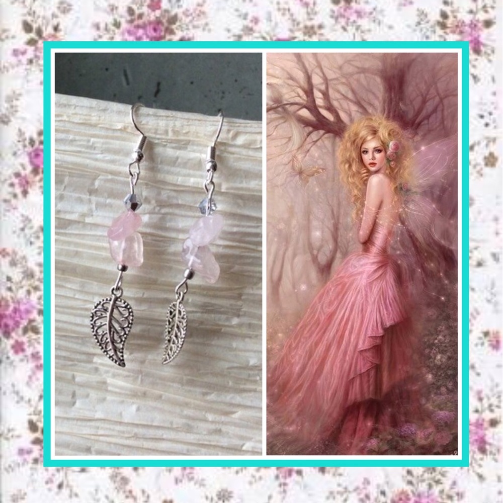 🌸 PINK ROSE QUARTZ METAL LEAF DANGLE EARRINGS BOHO BOHEMIAN DREAMS